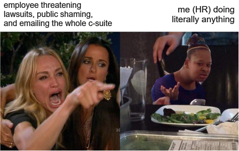 A meme. A woman is emotionally pointing and yelling at another woman. The second woman has a silly shrug. The first woman is labeled "employee threatening lawsuits, public shaming, and emailing the whole c-suite". The second woman is labeled "me (HR) doing literally anything".